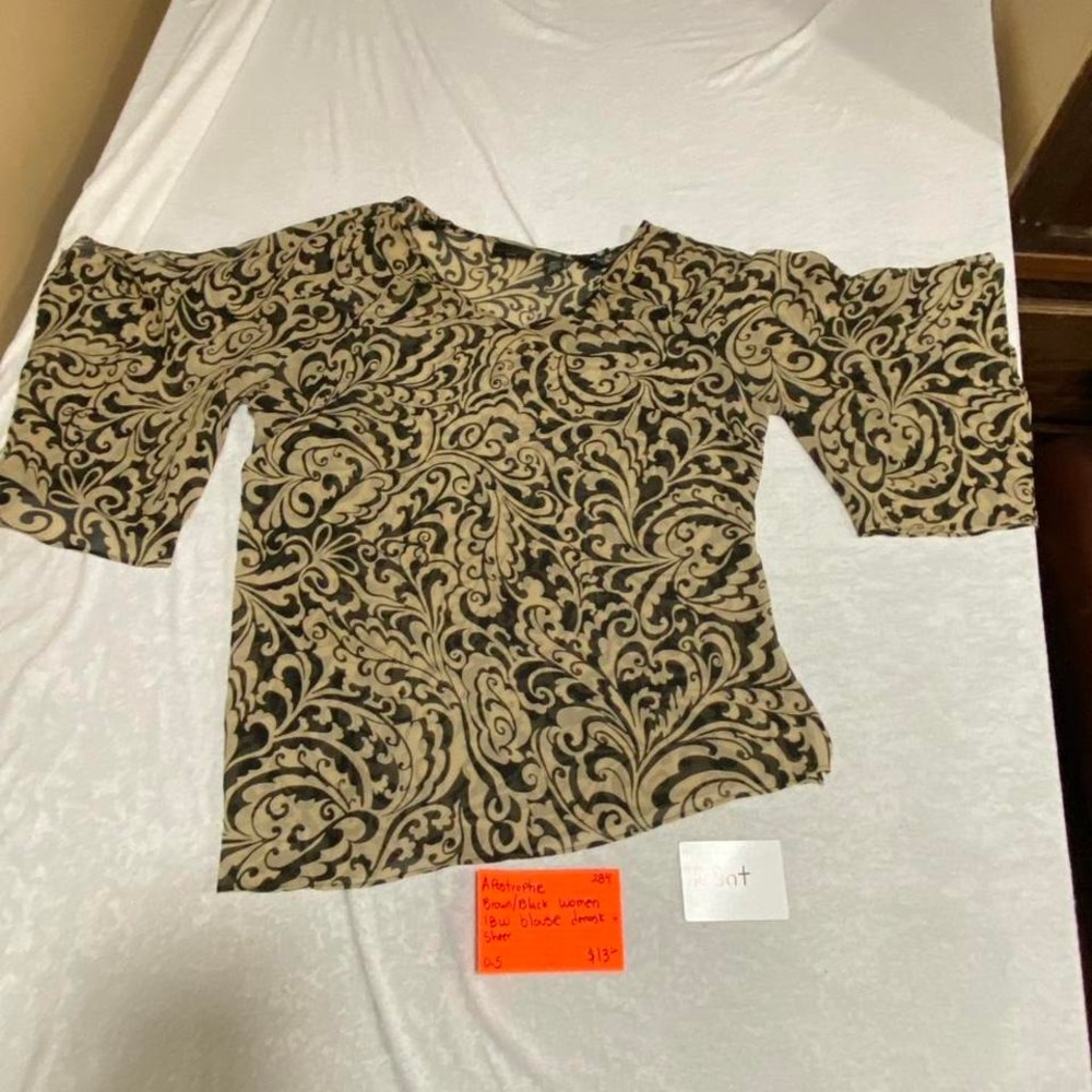 Apostrophe women 18W brown and black 3/4 sleeve top demask sheer. SKU284